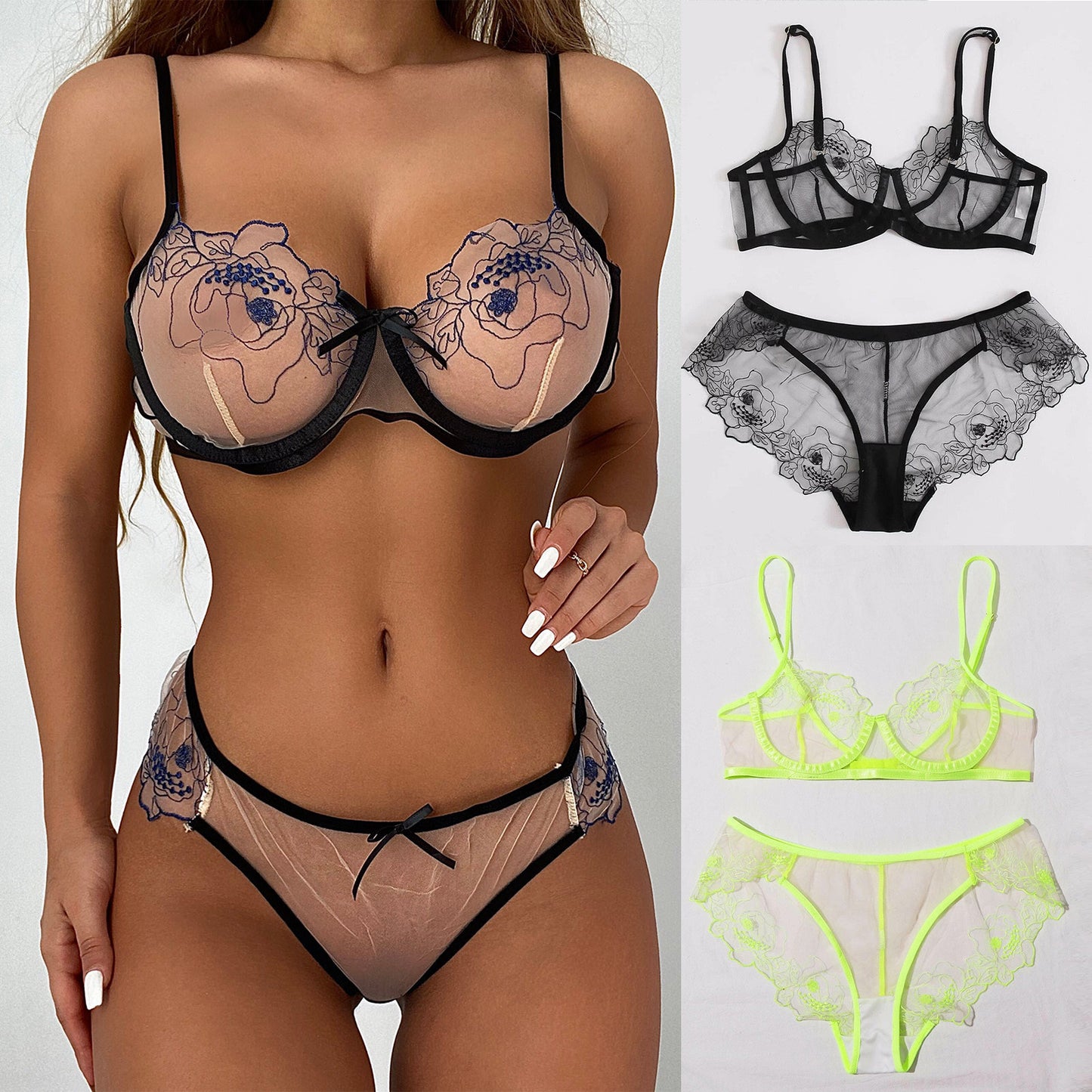 Transparentes Dessous-Set aus besticktem Netzstoff für Damen