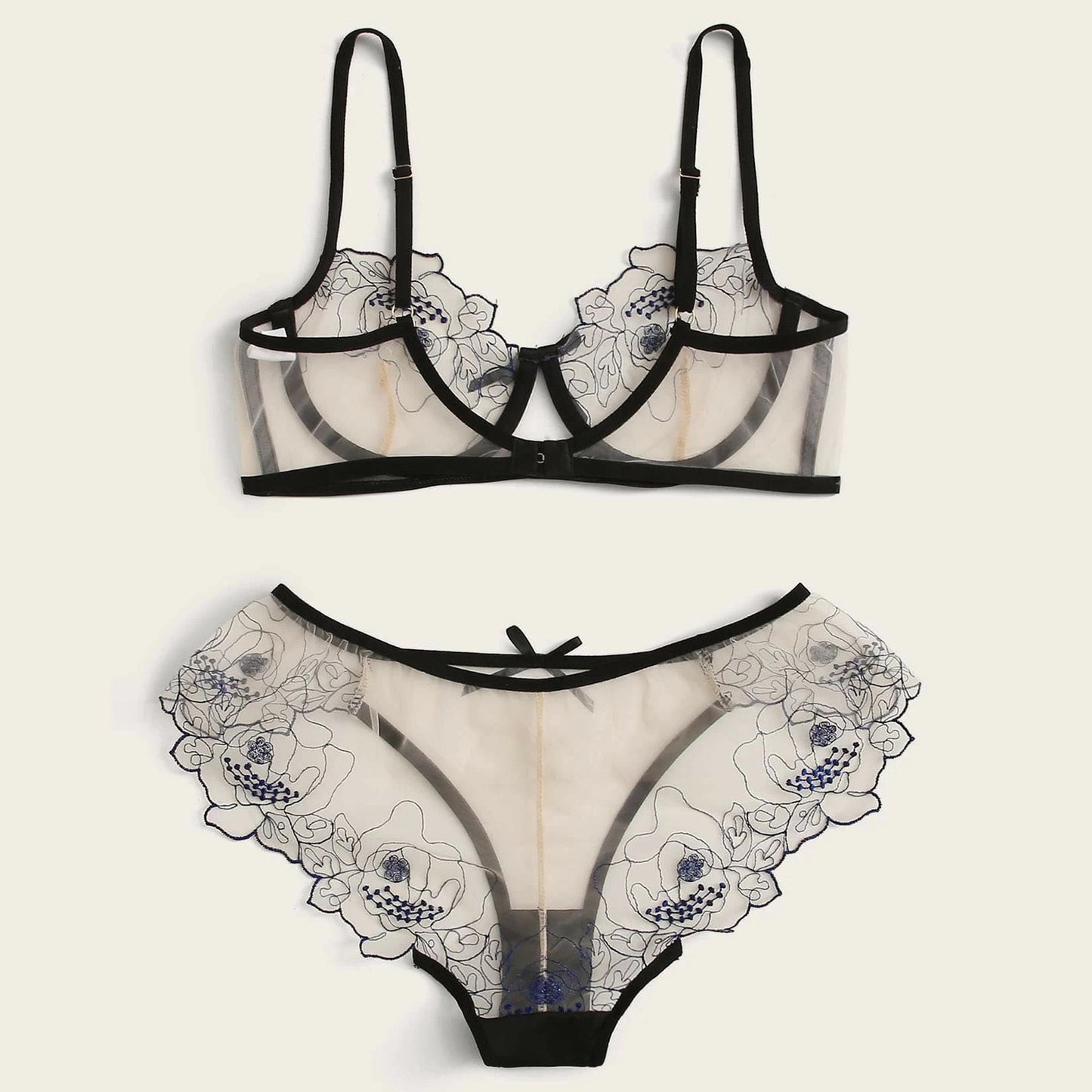 Transparentes Dessous-Set aus besticktem Netzstoff für Damen