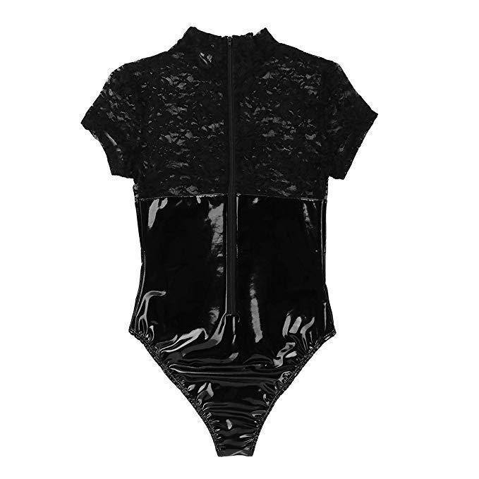 Lingerie Black Patent Leather Lace Bodysuit