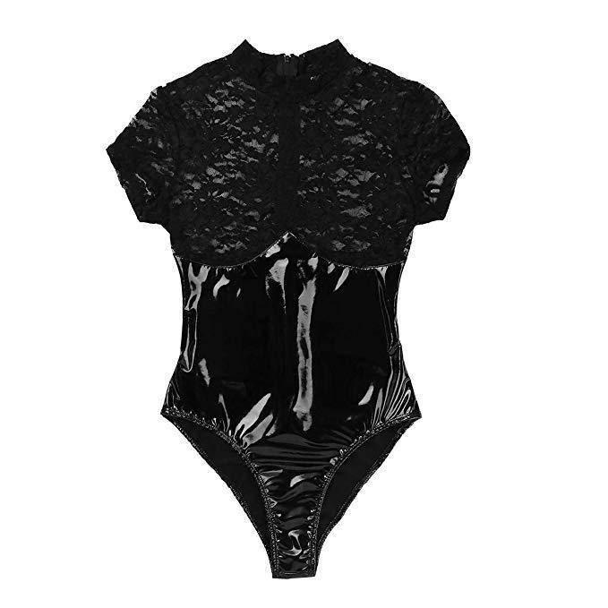 Lingerie Black Patent Leather Lace Bodysuit