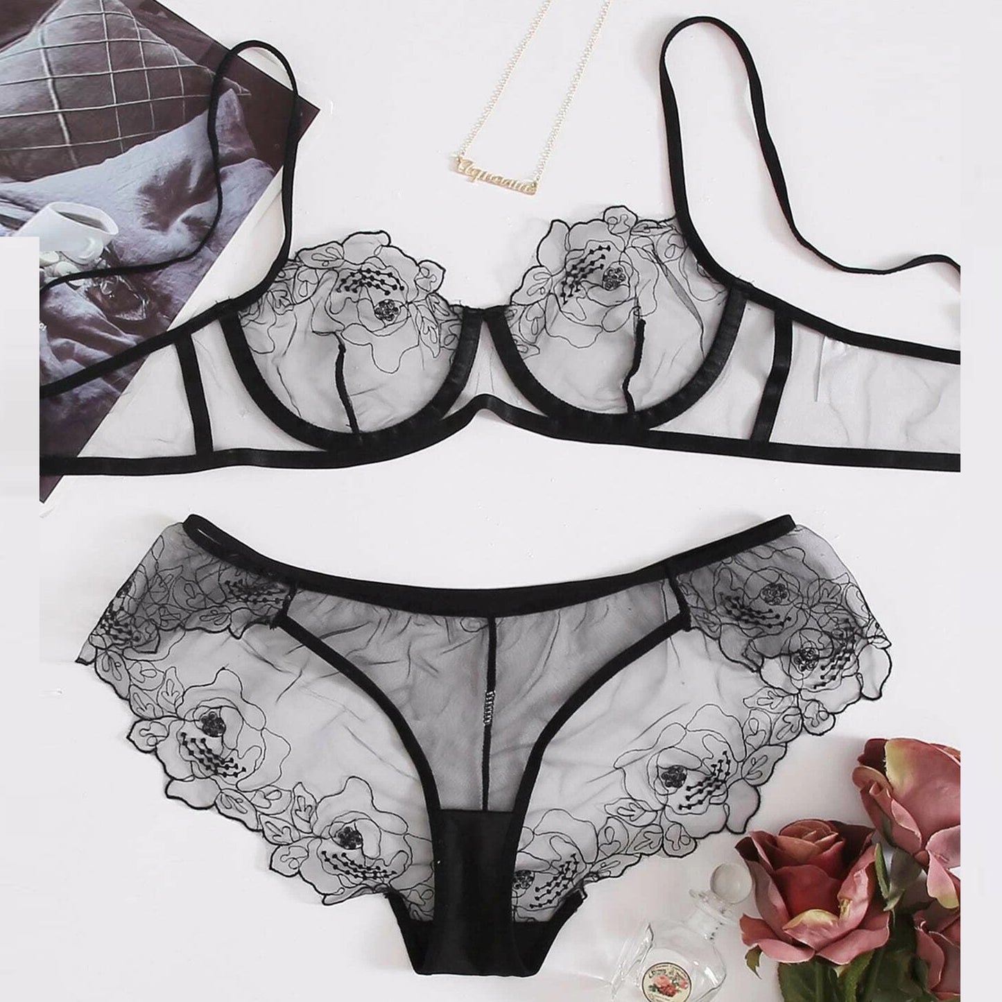 Transparentes Dessous-Set aus besticktem Netzstoff für Damen