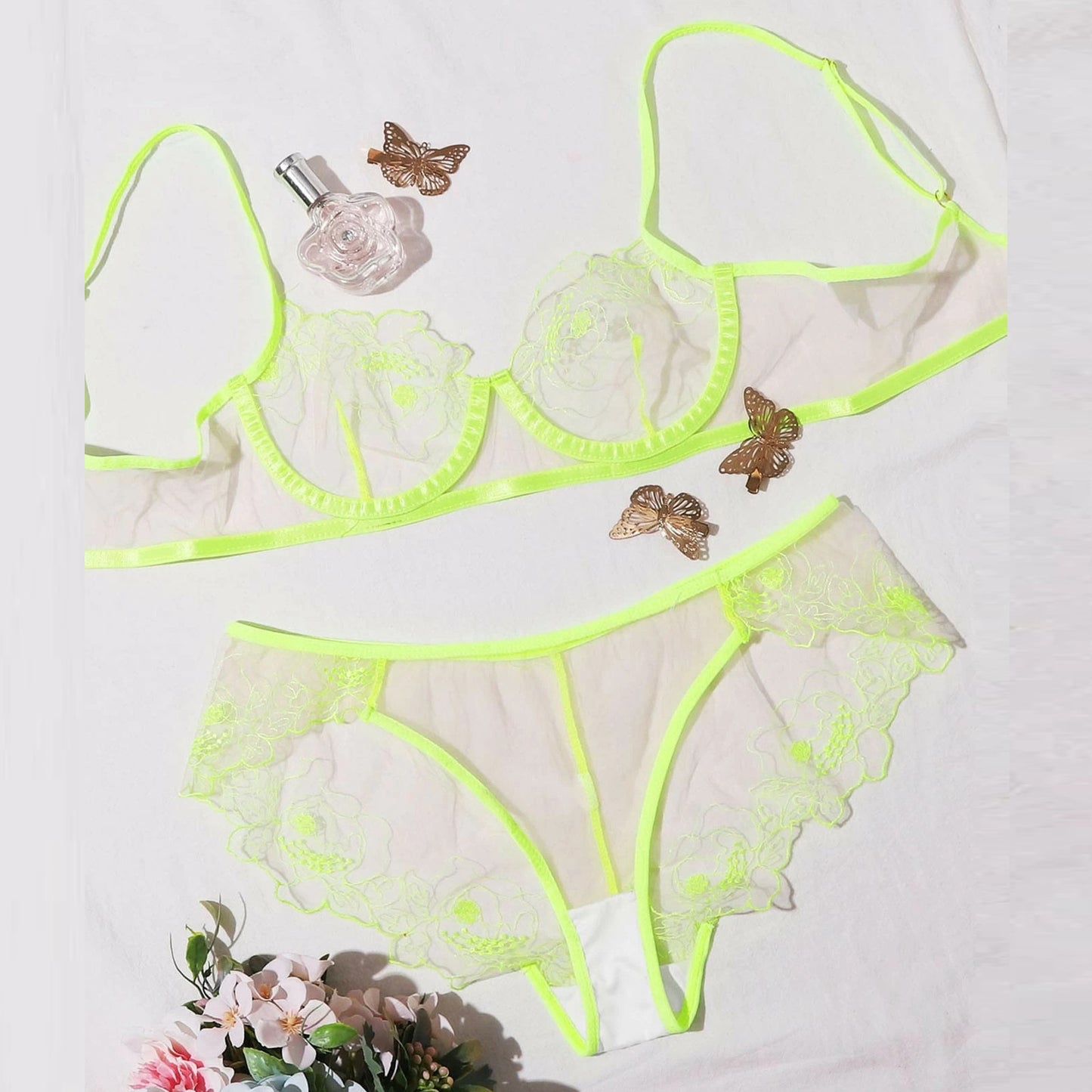 Transparentes Dessous-Set aus besticktem Netzstoff für Damen